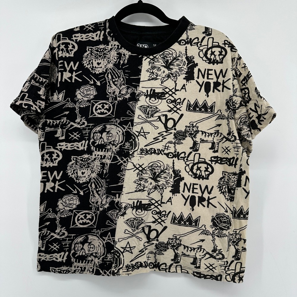 2nd Street 22nd Street Kids Graffiti Split Graphic Tee Black Cream Size 14